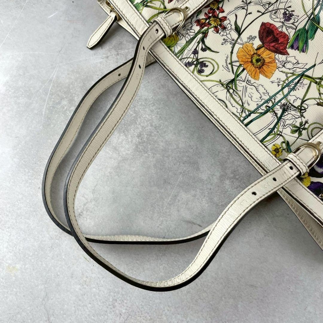 GUCCI Floral Botanical White Leather Tote Bag with Shoulder Strap Excellent thumbnail 10