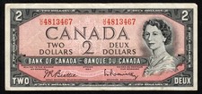 1954 CANADA 2 DOLLAR BANKNOTE PREFIX UU - QUEEN ELIZABETH II - CIRCULATED