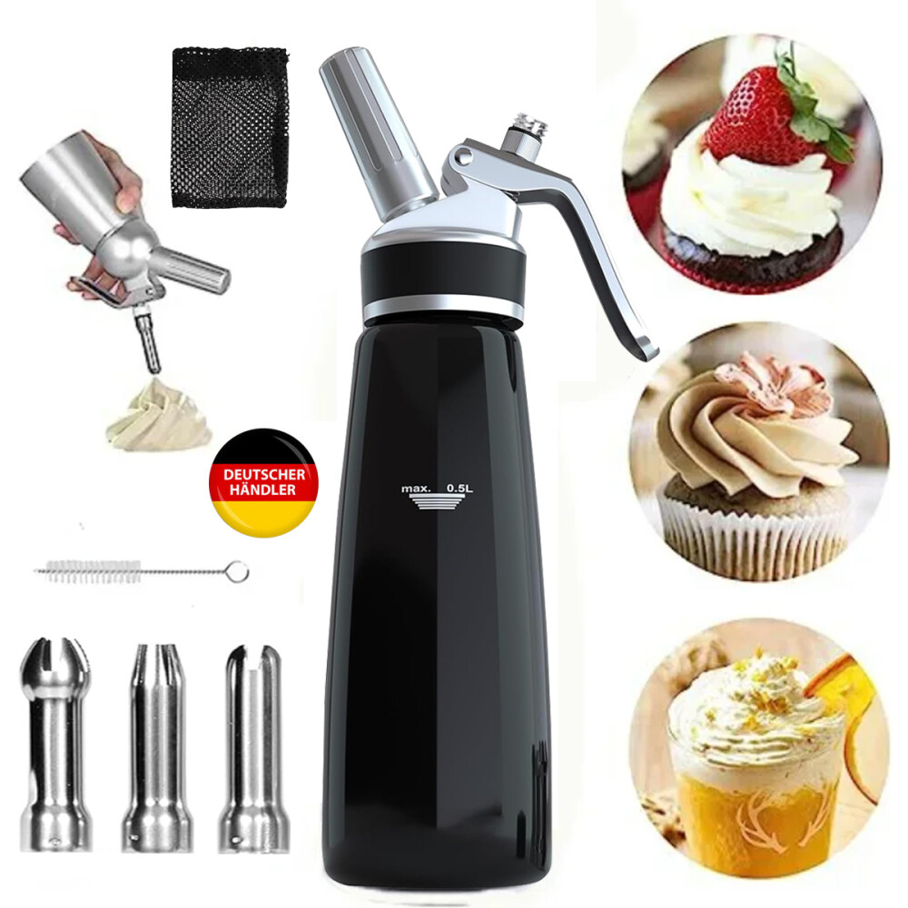 Edelstahl Sahnespender 500ML Sahnesyphon Schlagsahne Spender Sahnesprüher +Düsen