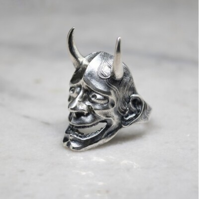 Handgefertigter HANNYA RING Japanische Dämonenmaske, 925 Sterling Silber Ring