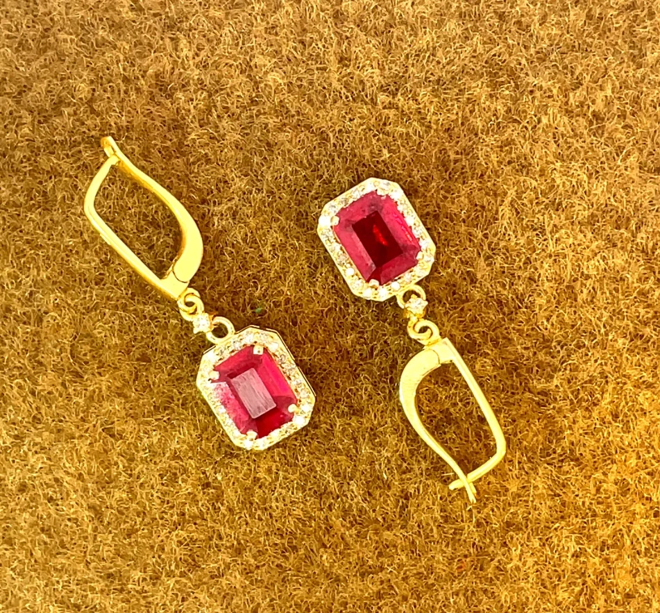 Vintage Victorian Pave Diamond & Red Ruby Earrings Gold Ruby Wedding Jewelry - Image 2 of 4