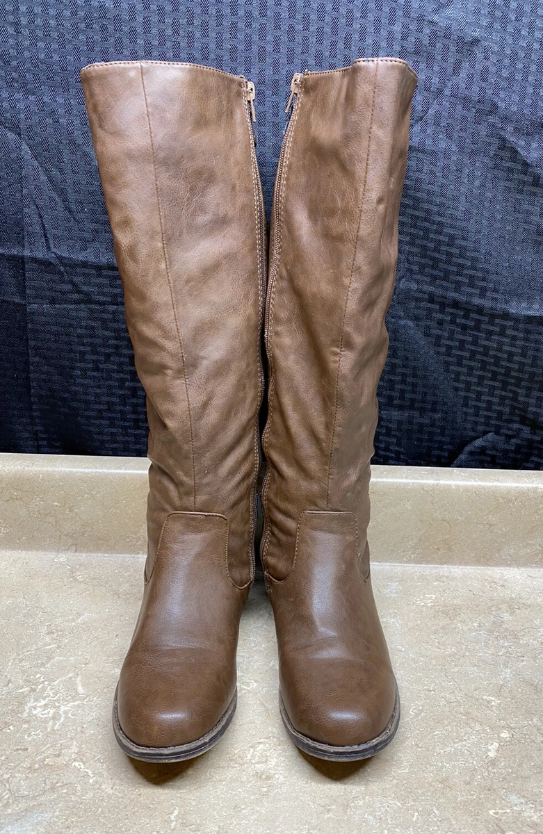 SHOEDAZZLE LELAH WOMEN S BROWN SWEATER SIDE ZIP KNEE HIGH BOOTS SIZE 8