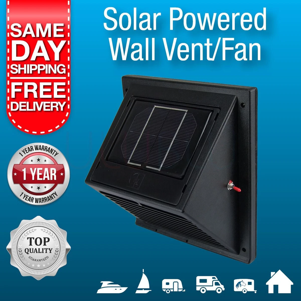 New Solar Powered Wall Vent, Exhaust and Intake Fan, Solar Rechargeable  Battery 9330420194395 | eBay