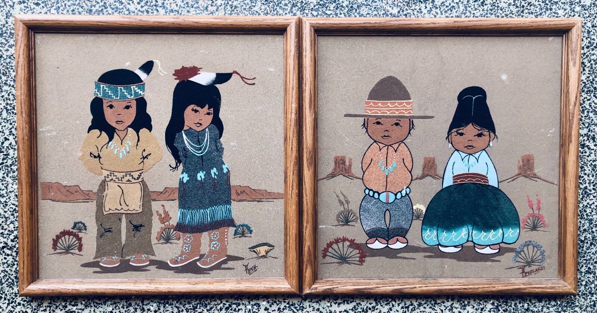 Vintage Pair Navajo Sand Painting Wall Art Signed By Artist