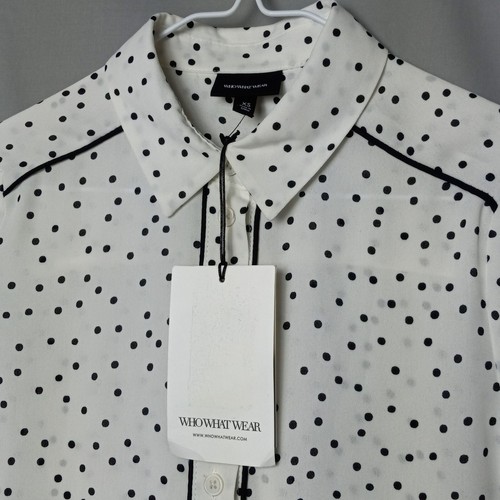 Who What Wear White Sheer Black Polka dot Blouse Button Up NWT XS Long Sleeve - Picture 4 of 12