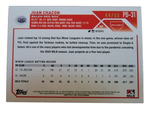 Juan Chacon 2023 Topps Pro Debut Gold Foil Baseball Card 44/50 PD-31 - Picture 6 of 10