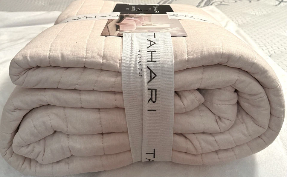 Tahari King Edredón Rubor Rosa Lino Algodón 106x92 Cobertor Ropa de Cama de Casa NUEVO Foto 3 de 4