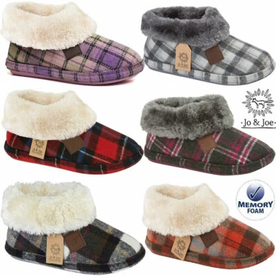 Ladies Slippers Womens Fairisle Ankle Tartan Memory Foam Warm Fur Boots Booties