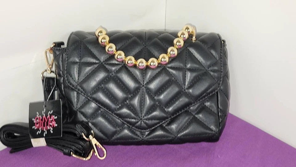 Bandolera para mujer Olivia Miller negra dorada asa acolchada BOLSO DE MANO MONEDERO Foto 3 de 4