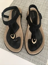 Socofy Thong Sling Back Sandal Shoes Womens 8 Black / Gold Accent Comfort