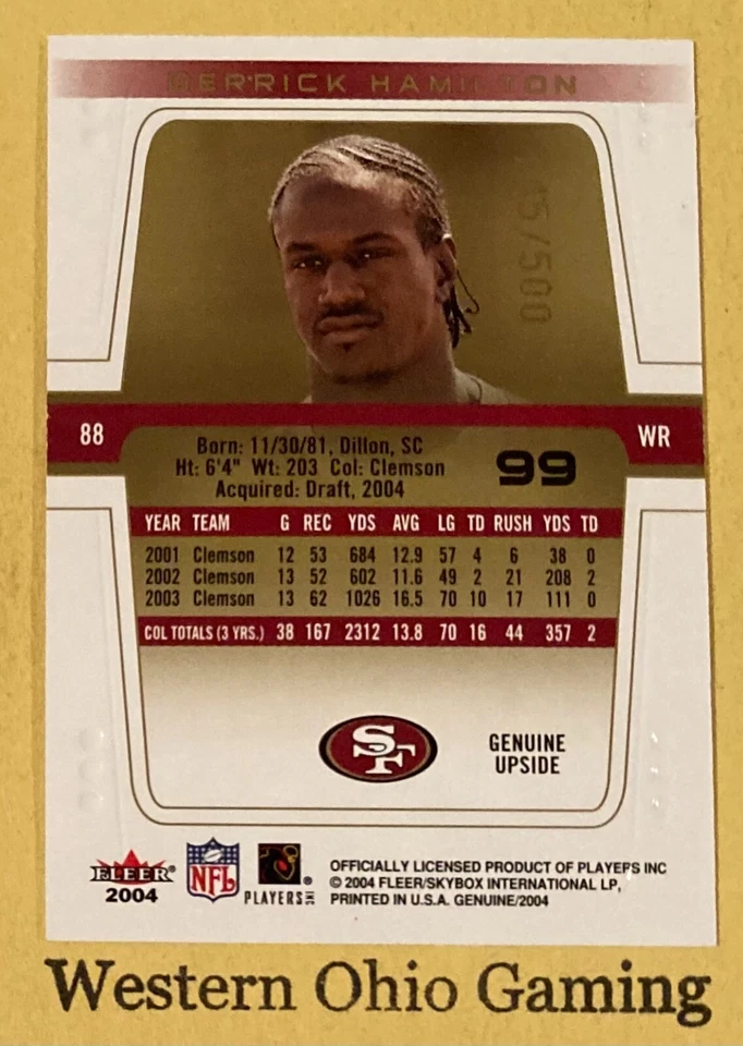 2004 Fleer Genuine Derrick Hamilton #99 Rookie Genuine Upside #145/500 MADE - Image 2 of 2