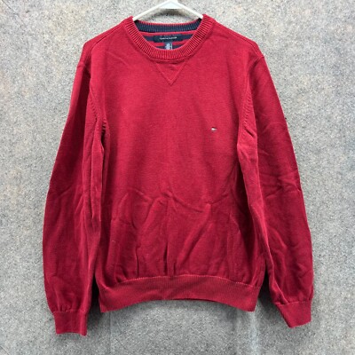 Tommy Hilfiger Sweater Men Large Adult Red Crewneck Pullover Fleece  Burgundy