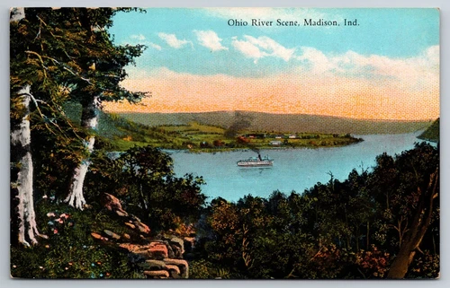 Vintage Postcard IN Madison Ohio River Boat Aerial View