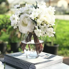 Artificial Rose and Mixed Flower Arrangements in Glass Vase with Faux Water