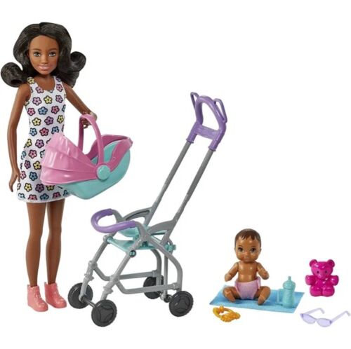 Juego de niñera Barbie patrón con muñeca niñera cochecito y caja de presa para bebé - Imagen 1 de 6