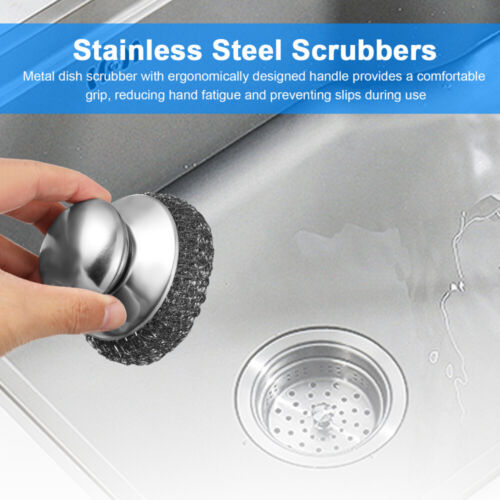 2 Pcs Pot Scrubbers Stainless Steel Pot Scrubber Dish Brush With Handle Kitchen - Picture 4 of 11