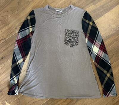 Womens 12 PM By Mon Ami Long Sleeve Raglan Tshirt Plaid Sequins