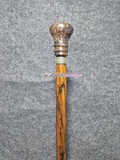 Round Brass Copper Finish Handle Victorian Walking Cane With Wooden Carved Stick