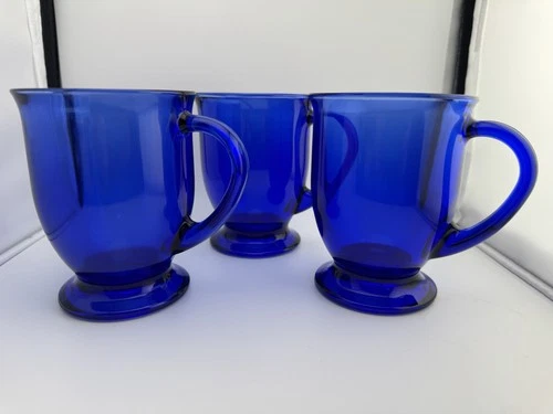 Anchor Hocking 16 Oz Cobalt Blue Glass Footed Mugs SET OF 3