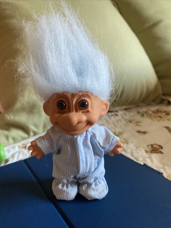 Vintage Russ Troll Doll Striped Blue Pajamas And Blue Hair