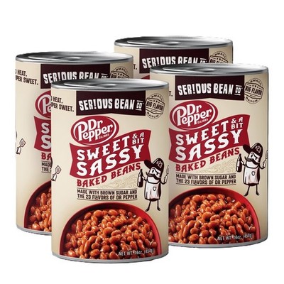 Sweet and Sassy Dr Pepper Flavored Baked Beans in Tomato Sauce, 4 Pack Cans