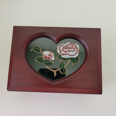 Cherry Finish Wooden Jewelry Box With Painted Flowers Glass & Plush Green Lining