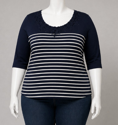 Basic Editions Shirt Plus 2X Blue Scoop Neck 3/4 Sleeve Striped Embroidered