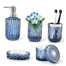 Bathroom Accessories Set, 5Pcs Clear Glass Bathroom Accessories, Hand Blue