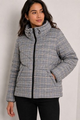 Tom Tailor Denim Womens L Gray Plaid Puffer Jacket Quilted Zip Winter Coat