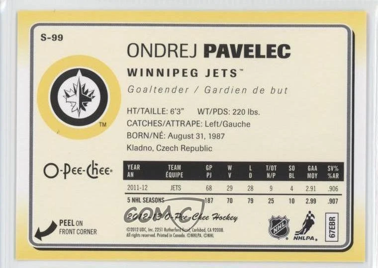 2012-13 O-Pee-Chee Stickers Ondrej Pavelec #S-99 - Image 2 of 2