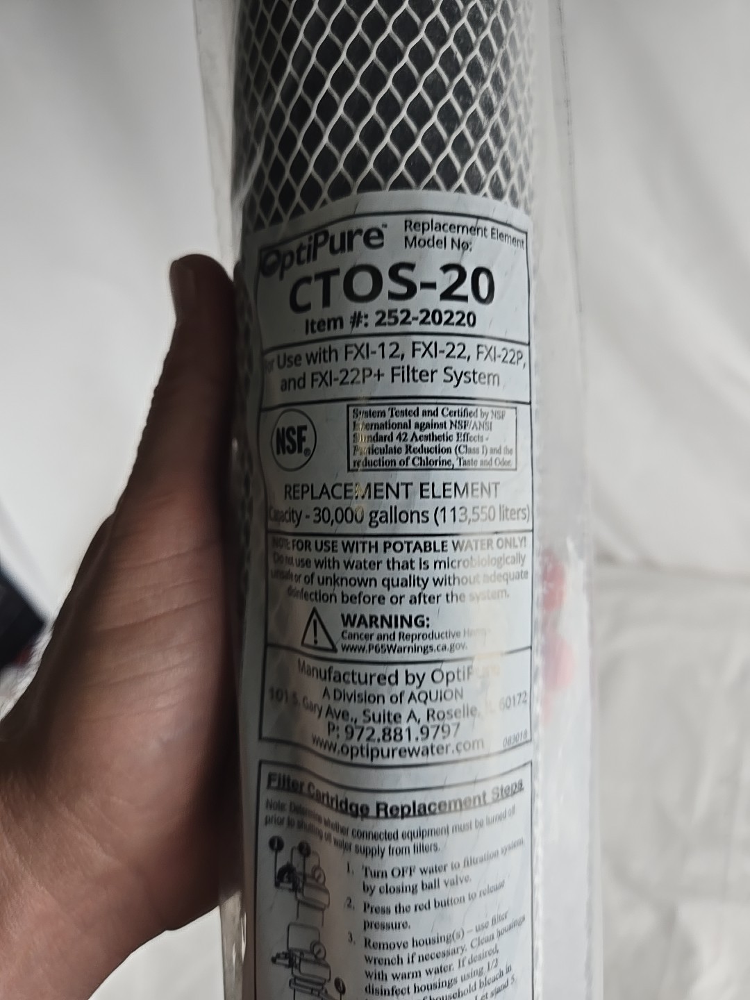 Optipure Opti Pure 25220220 Water Filter Replacement Cartridge CTOS20 FXI-22
