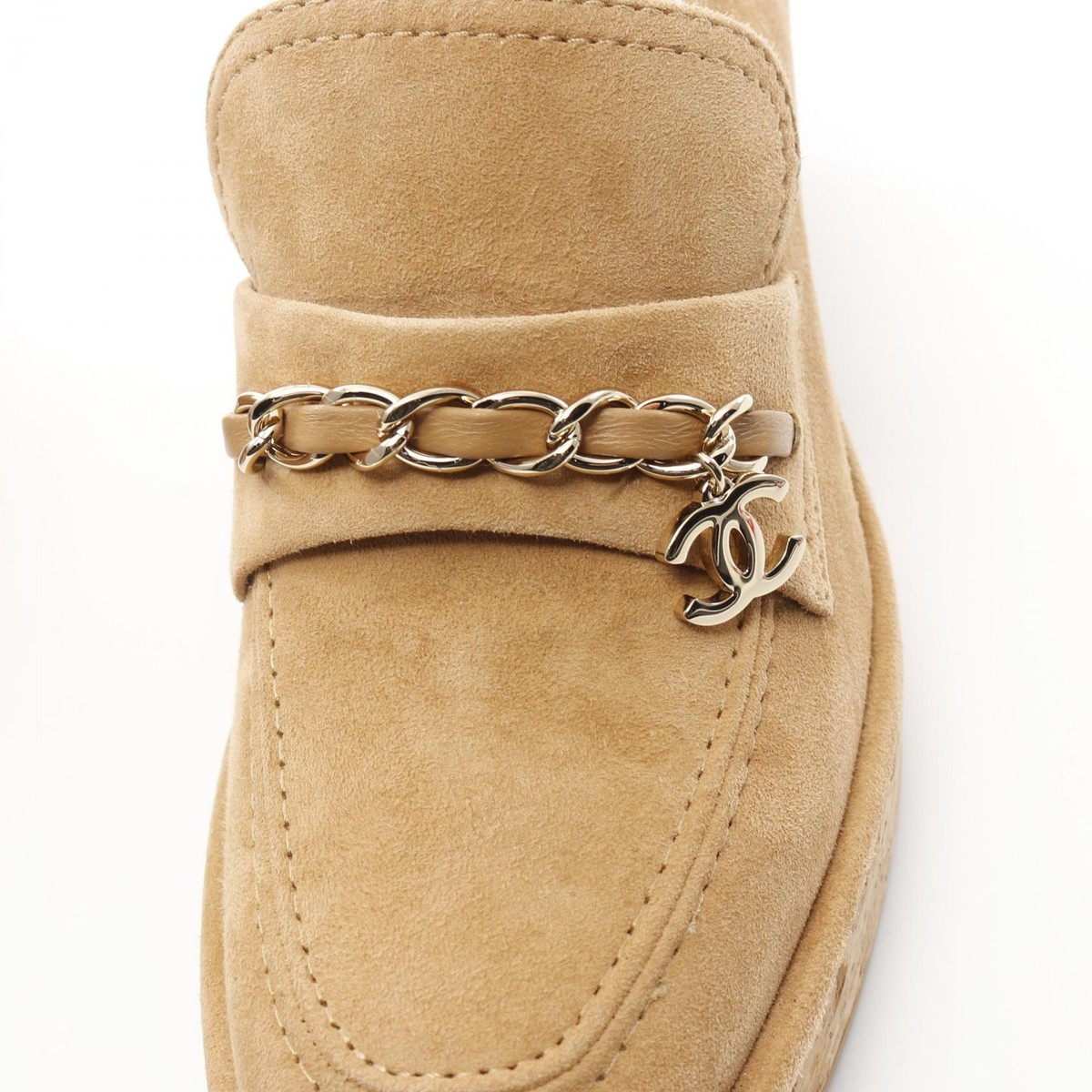 CHANEL COCO Mark loafers shoes #38 heels G45142 Suede Beige