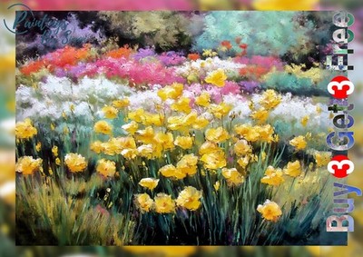 Goldene Sommerblumen 5''x7'' Druck auf mattem Papier | Öl Garten Kunstwerk