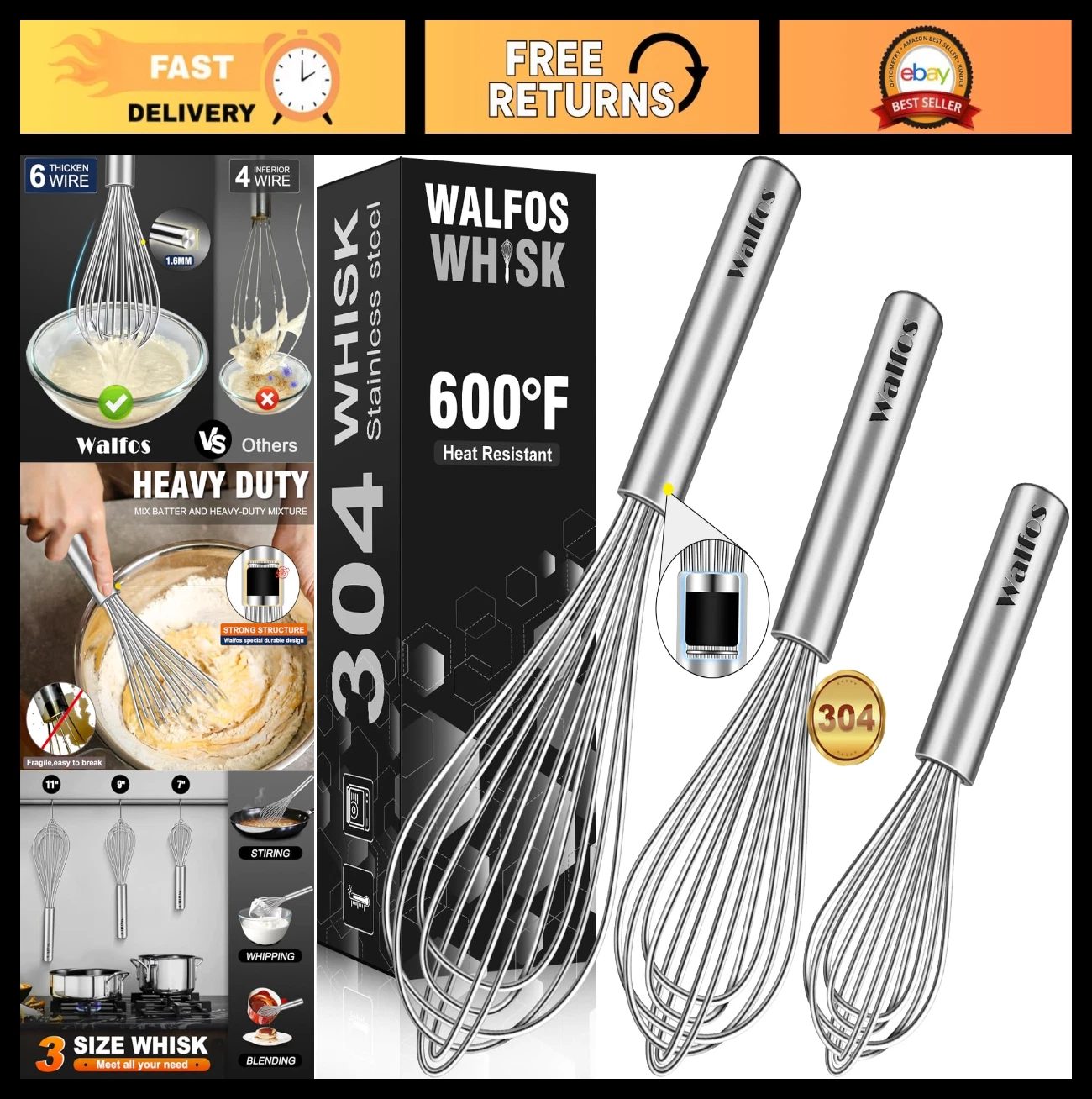 Stainless Steel Whisk Set - No-Rust 7/9/11 Inch Kitchen Whisks for Blending, Bea