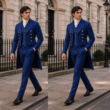 Victorian Royal Blue Men's Suits Gold Embroidery Wedding Outfit Cosplay Costume