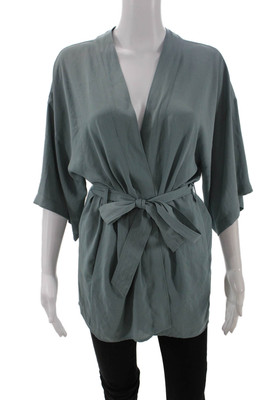 Wilfred Womens Short Sleeve Open Front Tie Waist Lightweight Robe Green Size 2XS