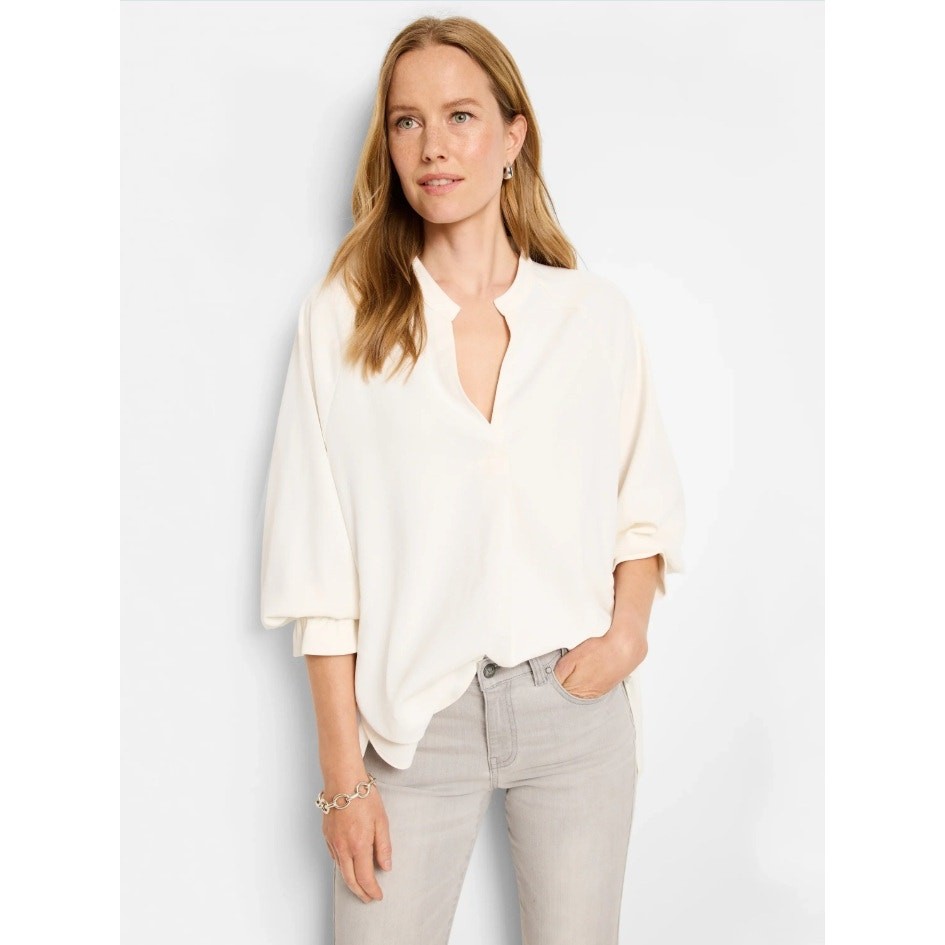 NIC+ZOE Women Cream Stretch Breezy Long Sleeve Drawstring Back V-neck Top Size L