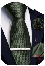 Solid Color Tie and Pocket Square with Tie Clip Lapel Pin Silk Olive Green