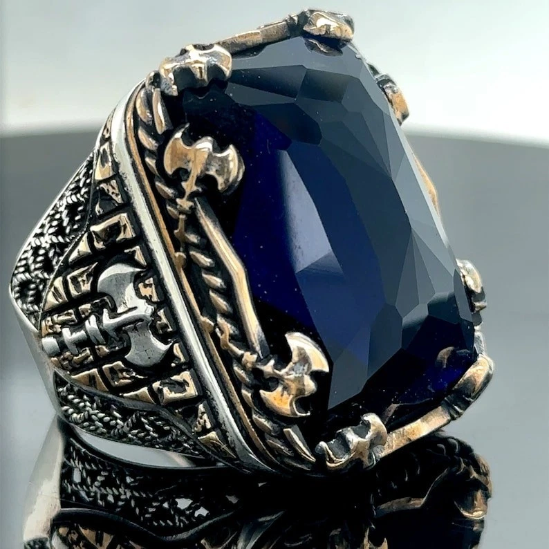 Anillo de piedra de circón modelo hacha de zafiro grande de plata 925 para hombre Foto 2 de 4