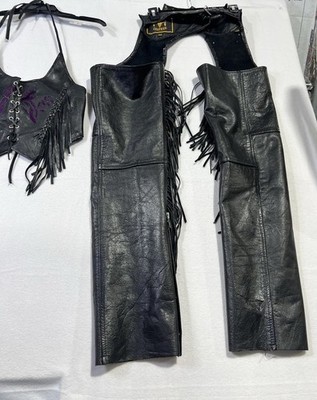 Barneys Leather Fringe Chaps & Top Set Distressed Western Biker XXS Purple Black