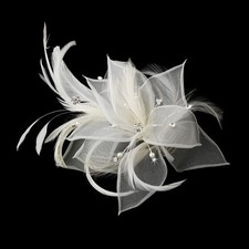 White or Ivory Pearl Rhinestone Feather Flower Bridal Wedding Comb or Clip