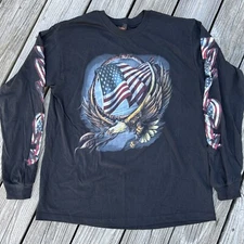 Hot Leathers Graphic Biker Long Sleeve American Eagle Patriotic T Shirt Lg Black
