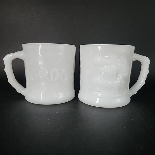 Two Fire King Glass Johnny Hart BC Comics White GROG Coffee Cups Mugs Milk Glass
