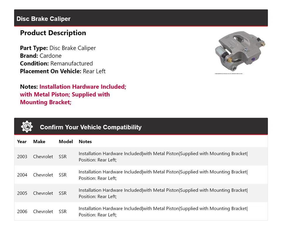 Pinza de freno de disco trasera izquierda Cardone 2004 2005 para Chevrolet SSR 2003-2006 Foto 2 de 4
