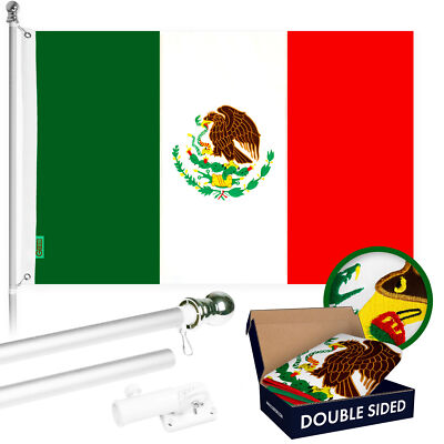 Combo: 5 Ft Flagpole Silver & Mexico Flag 2.5x4 Ft Double Sided Emb 210D Poly