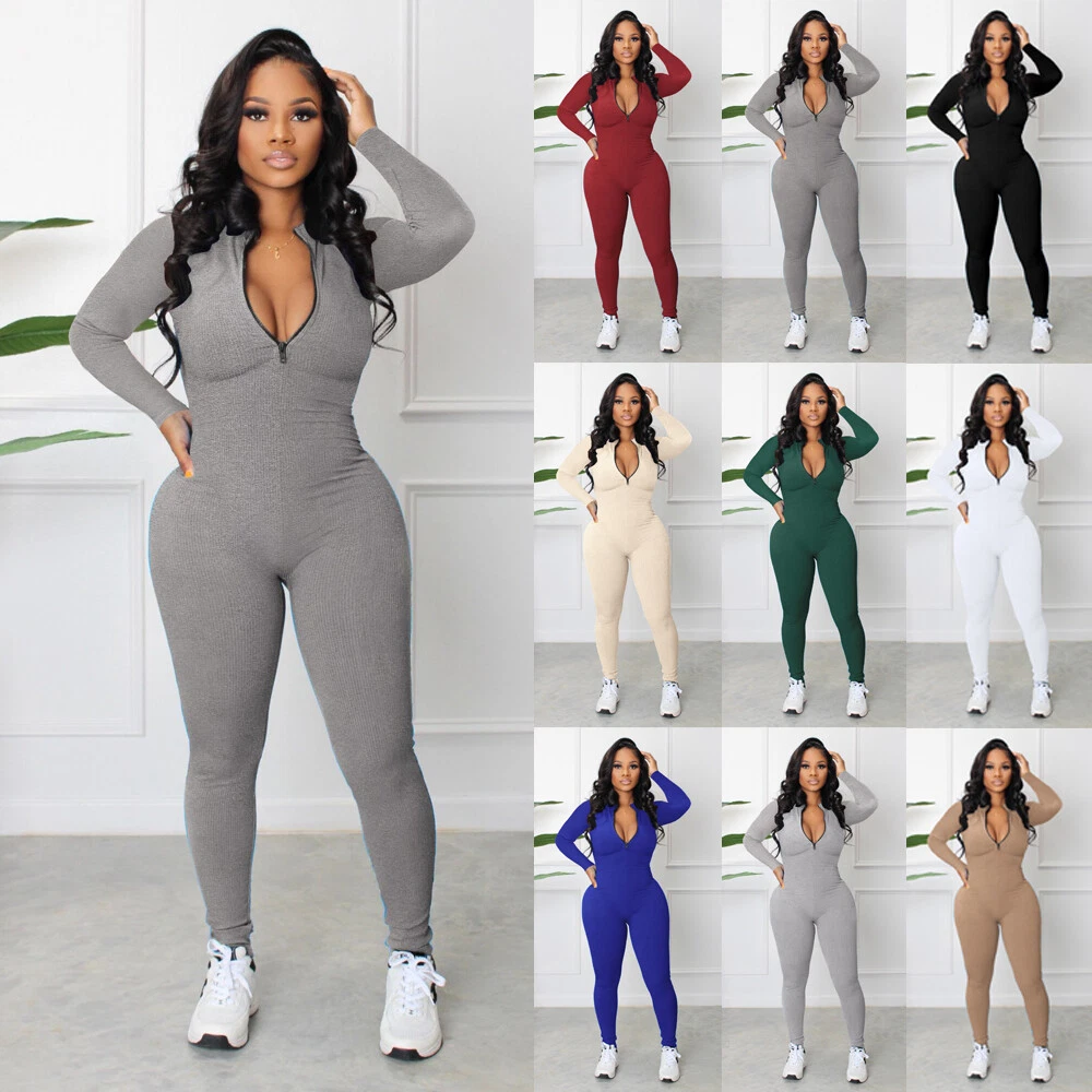 Women Long Sleeve Ribbed Zip Bodysuit Unitard Stretch Yoga Jumpsuit Romper  Pants