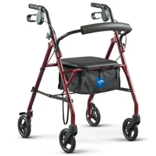 New Medline MDS86850ESKD Rollator Steel Walker w/ Seat - Burgundy - Fast Ship!