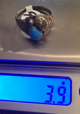 Vintage Native American Sterling Silver Turquoise Feather Ring