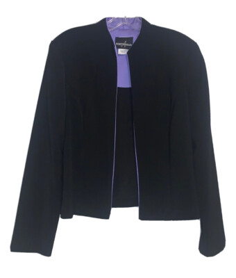 Black Open Jacket Blazer Purple Interior Trim Easy Care Positive Attitude Sz 10
