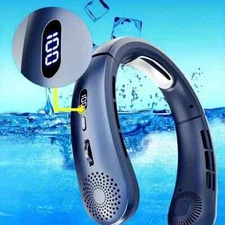Portable Bladeless Neck Fan/USB Rechargeable Lithium/Digital Display/NEW/ BLUE